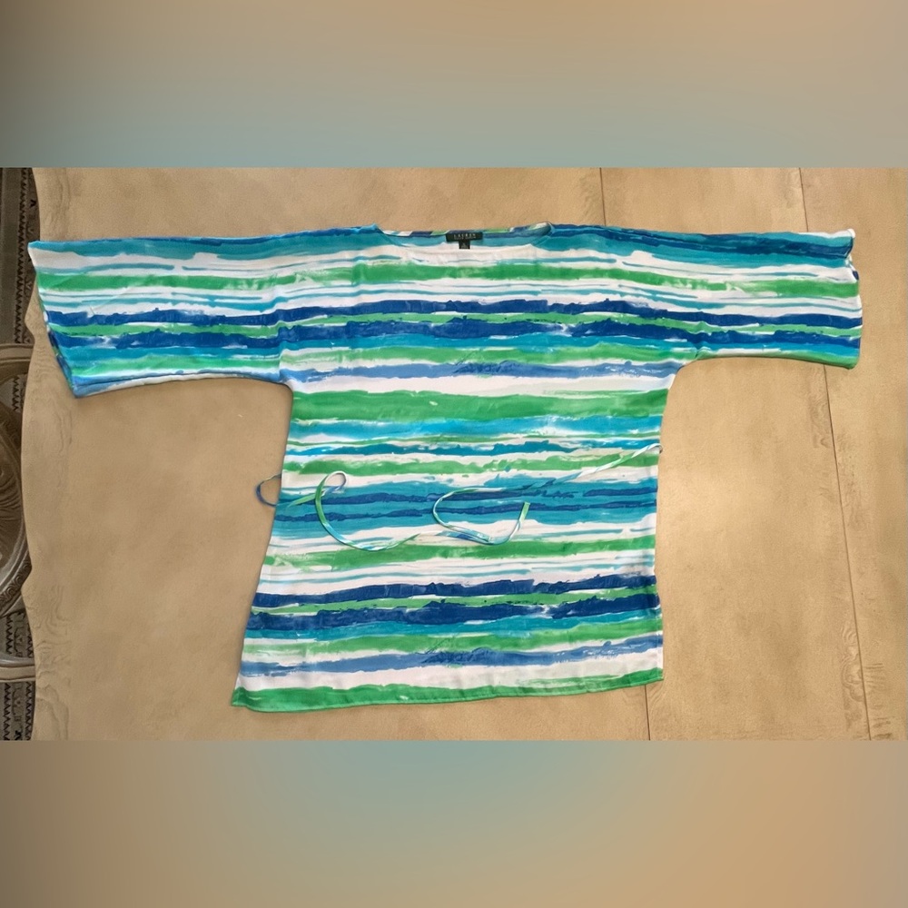 Lauren Ralph Lauren Blue & Green Watercolor Stripe Top Size XL - Picture 7 of 9